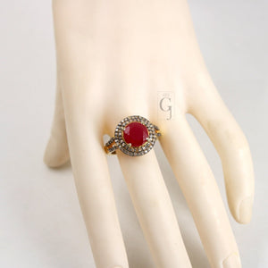 Beautiful 18k Gold Finish 5ct Ruby Ring Designer Rosecut Pave Diamond Rings 925 Sterling Silver Handmade Silver Finish Diamond Ring