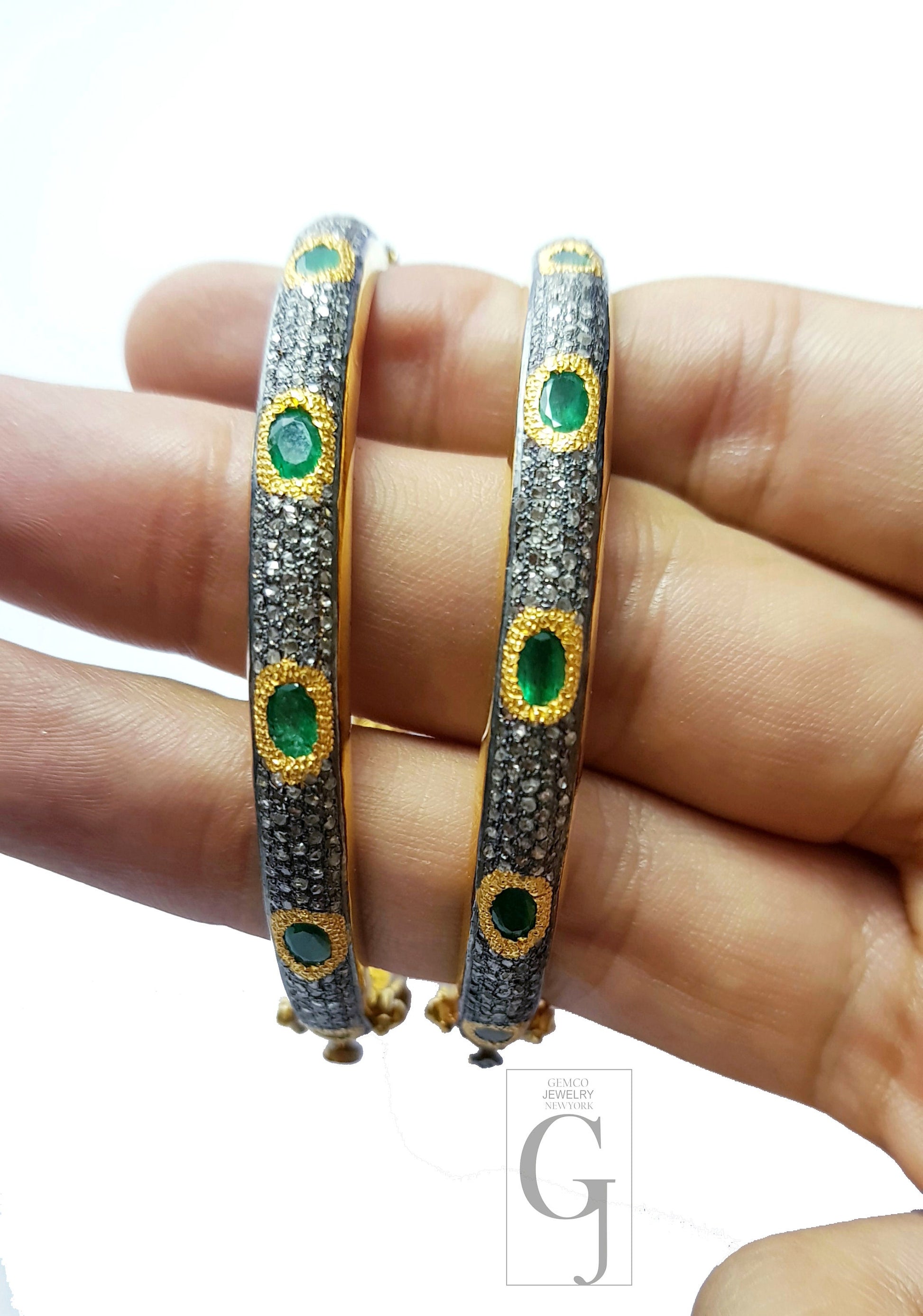 Beautiful Diamond Emerald Bangle 14k Gold Finish Bracelet Designer Rosecut Pave Diamond Bangle 925 Sterling Silver Handmade Finish