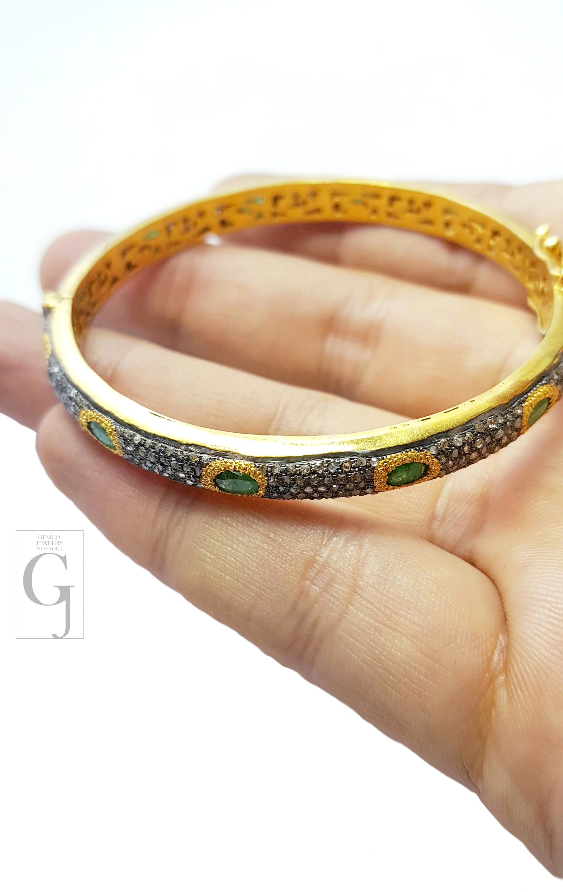 Beautiful Diamond Emerald Bangle 14k Gold Finish Bracelet Designer Rosecut Pave Diamond Bangle 925 Sterling Silver Handmade Finish