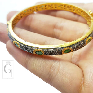 Beautiful Diamond Emerald Bangle 14k Gold Finish Bracelet Designer Rosecut Pave Diamond Bangle 925 Sterling Silver Handmade Finish