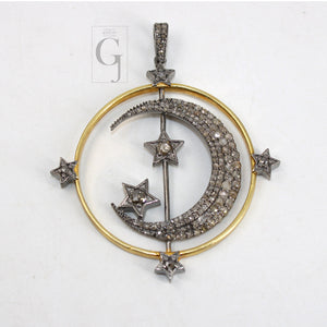 Spinning Moon And Star Pendant Designer Rosecut Pave Diamond Pendant Sterling 925 Silver Handmade Finish Diamond Charms Necklace Pendant