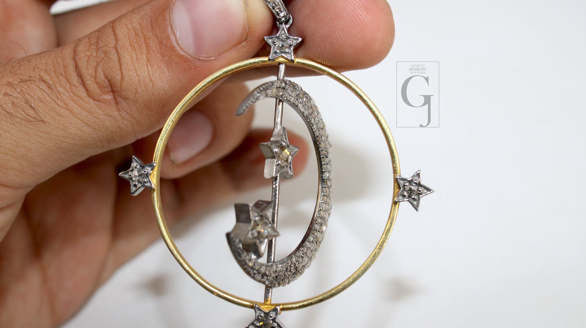 Spinning Moon And Star Pendant Designer Rosecut Pave Diamond Pendant Sterling 925 Silver Handmade Finish Diamond Charms Necklace Pendant