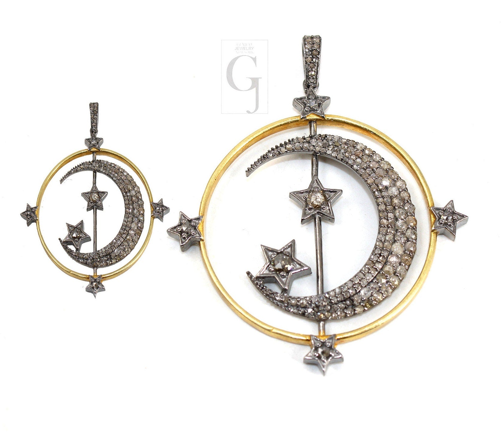 Spinning Moon And Star Pendant Designer Rosecut Pave Diamond Pendant Sterling 925 Silver Handmade Finish Diamond Charms Necklace Pendant