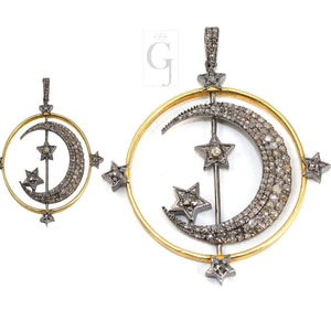 Spinning Moon And Star Pendant Designer Rosecut Pave Diamond Pendant Sterling 925 Silver Handmade Finish Diamond Charms Necklace Pendant