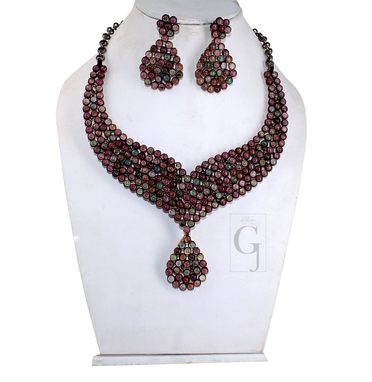 Beautiful Multi Tourmaline Necklace Earring Set Rosecut Pave Diamond Necklace Handmade 925 Sterling Silver Finish Diamond Necklace Earring