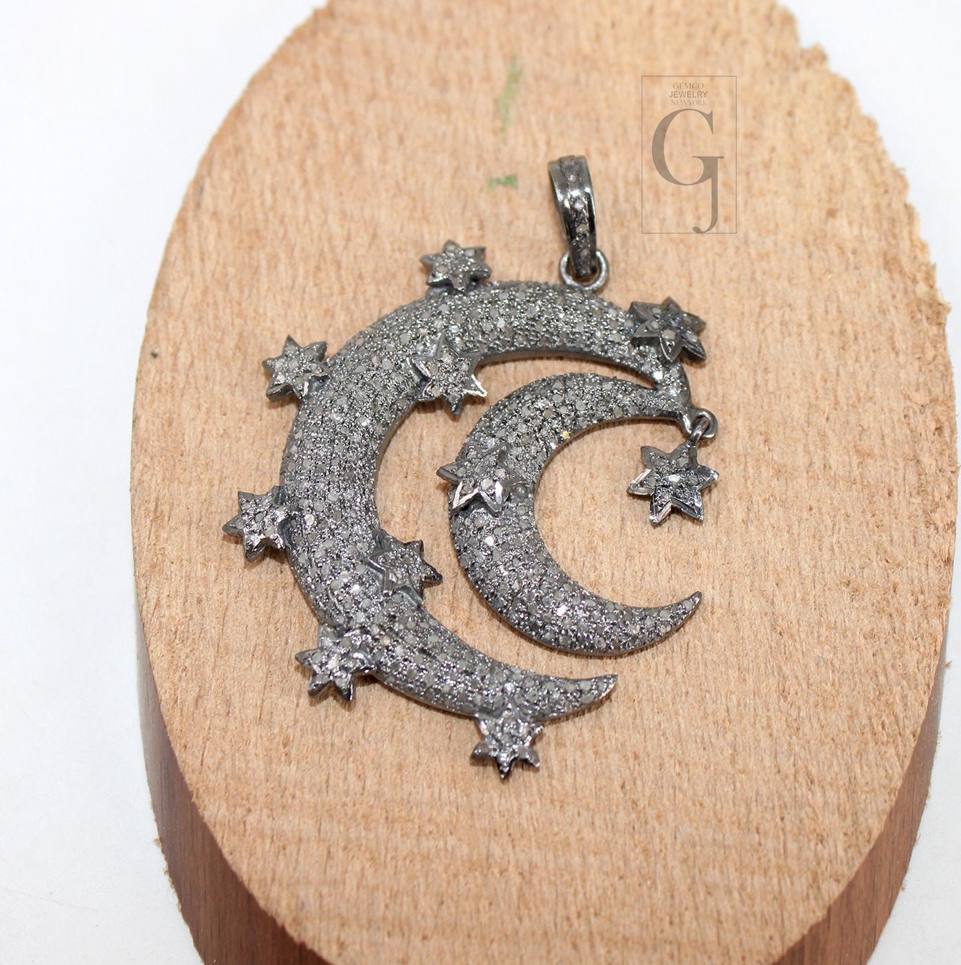 Antique Crescent Moon Star Pendant Designer Rosecut Pave Diamond Pendant 925 Sterling Silver Handmade Finish Design Diamond Jewelry Necklace