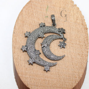 Antique Crescent Moon Star Pendant Designer Rosecut Pave Diamond Pendant 925 Sterling Silver Handmade Finish Design Diamond Jewelry Necklace