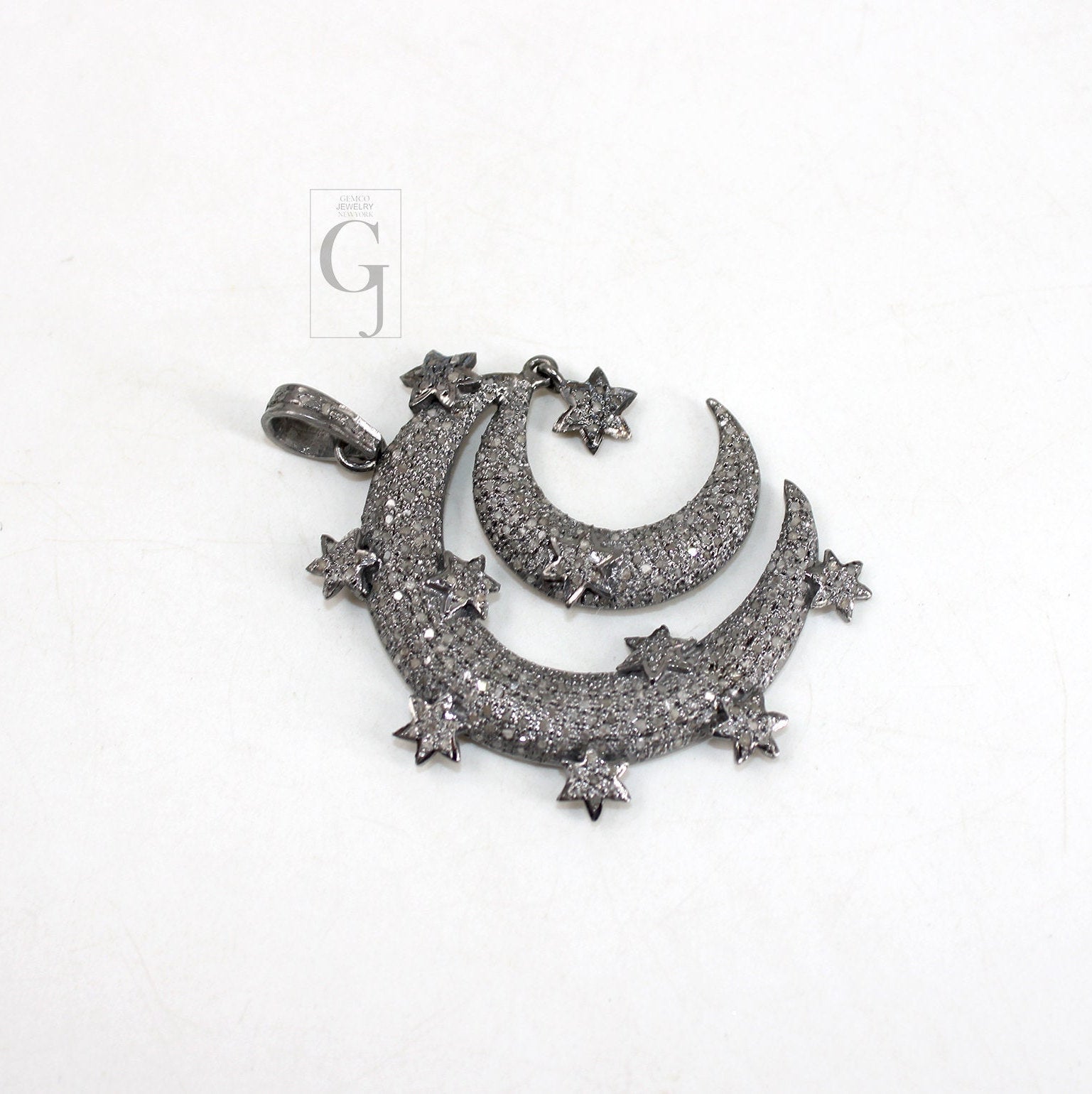 Antique Crescent Moon Star Pendant Designer Rosecut Pave Diamond Pendant 925 Sterling Silver Handmade Finish Design Diamond Jewelry Necklace