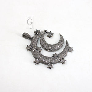 Antique Crescent Moon Star Pendant Designer Rosecut Pave Diamond Pendant 925 Sterling Silver Handmade Finish Design Diamond Jewelry Necklace