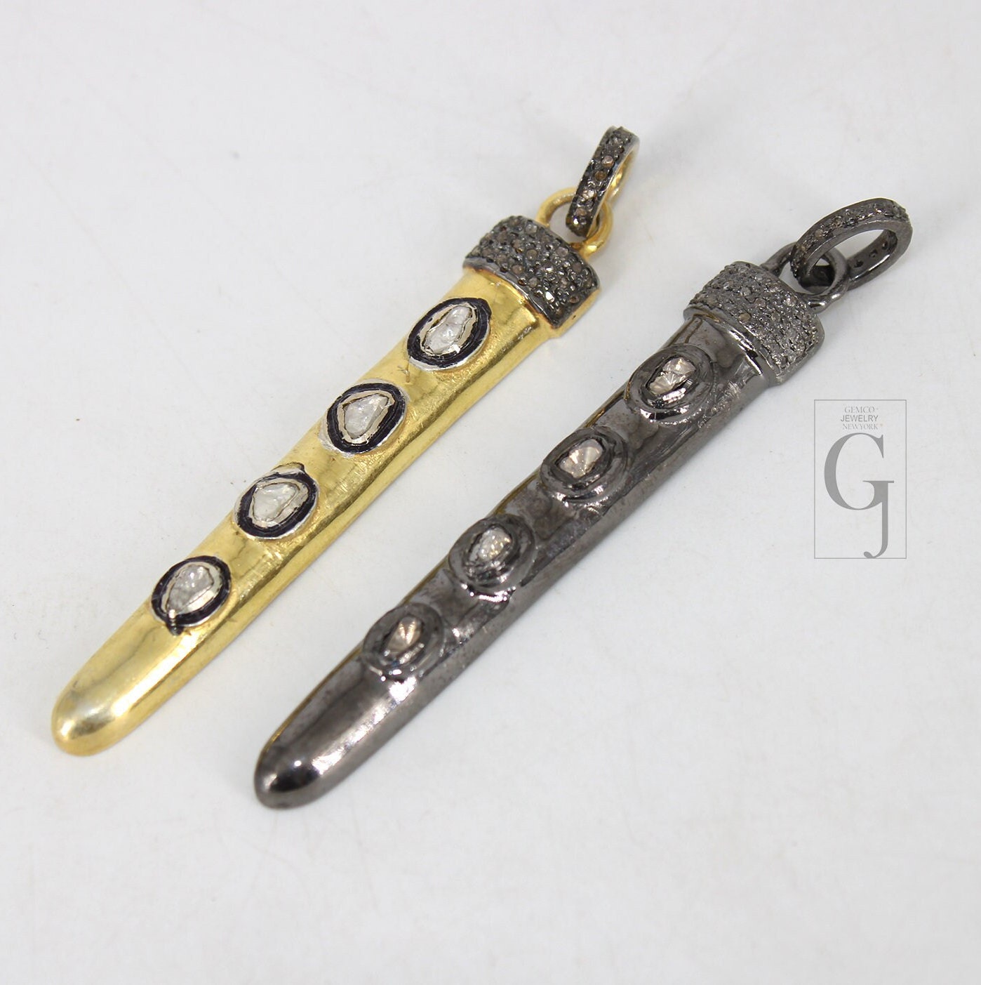 Polki Pave diamond rosecut bar pendant 925 sterling silver pendant handmade diamond pendant flat cut diamond design diamond pendant necklace