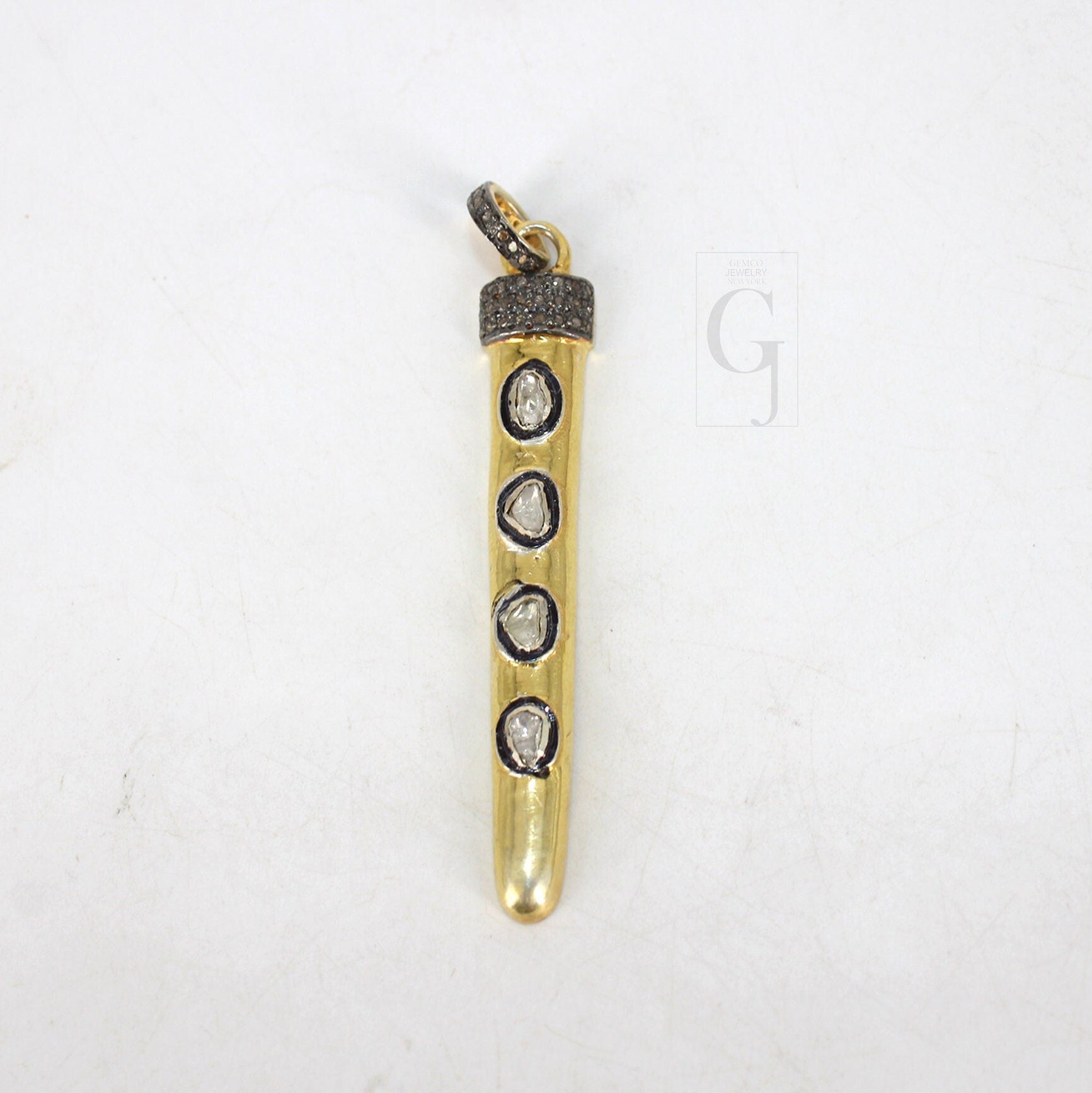 Polki Pave diamond rosecut bar pendant 925 sterling silver pendant handmade diamond pendant flat cut diamond design diamond pendant necklace