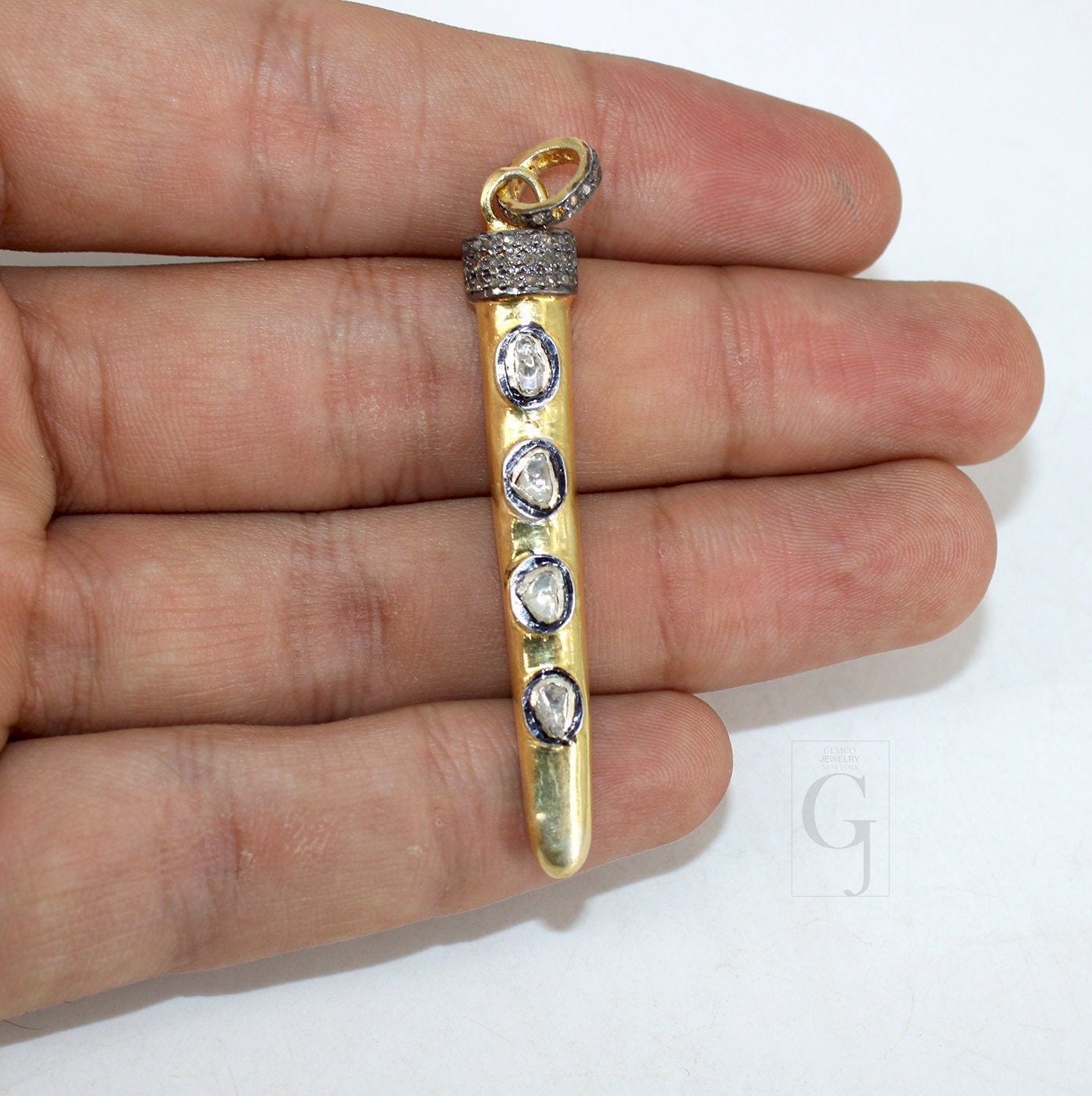 Polki Pave diamond rosecut bar pendant 925 sterling silver pendant handmade diamond pendant flat cut diamond design diamond pendant necklace