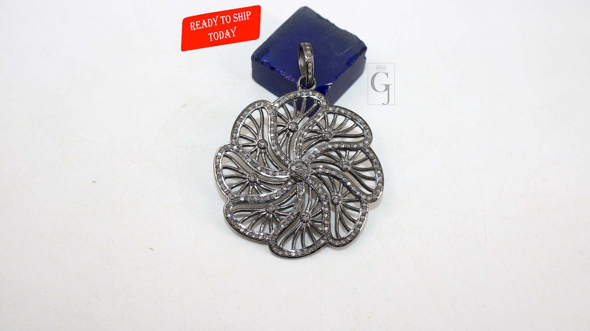 One of a kind flower designer pendant Rosecut pave diamond pendant 925 sterling silver handmade finish diamond jewelry necklace pendant