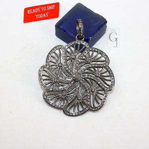One of a kind flower designer pendant Rosecut pave diamond pendant 925 sterling silver handmade finish diamond jewelry necklace pendant