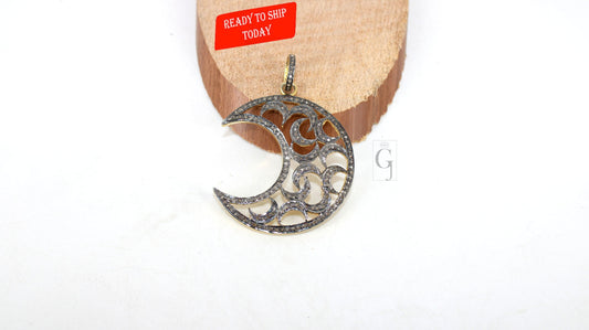 very beautiful moon designer pendant Pave diamond rosecut pendant 925 sterling silver pendant handmade finish diamond neclace pendant
