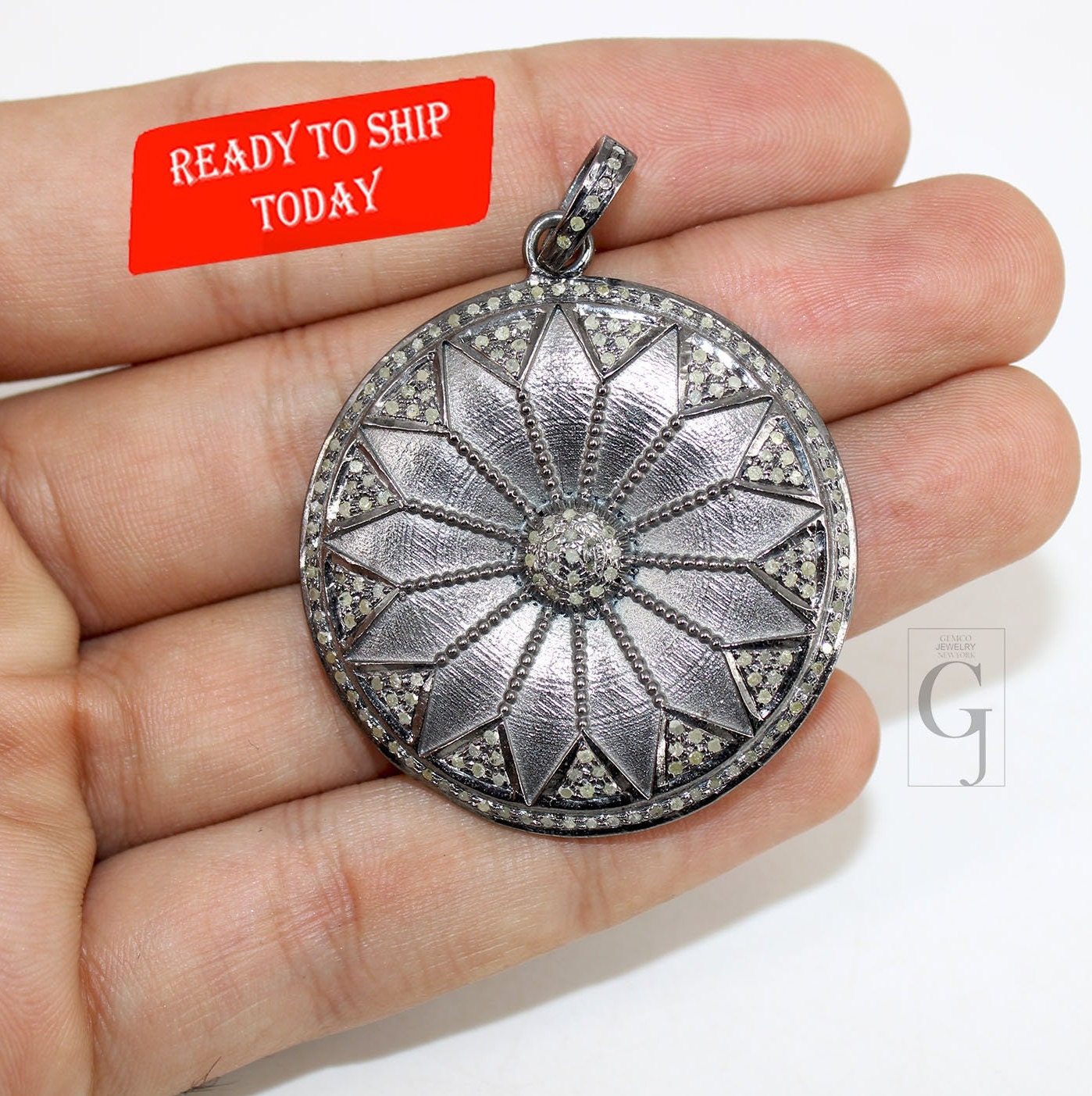 Antique Look Flower Pendant Design Pave Diamond Rosecut Pendant 925 Sterling Silver Pendant Handmade Diamond Pendant