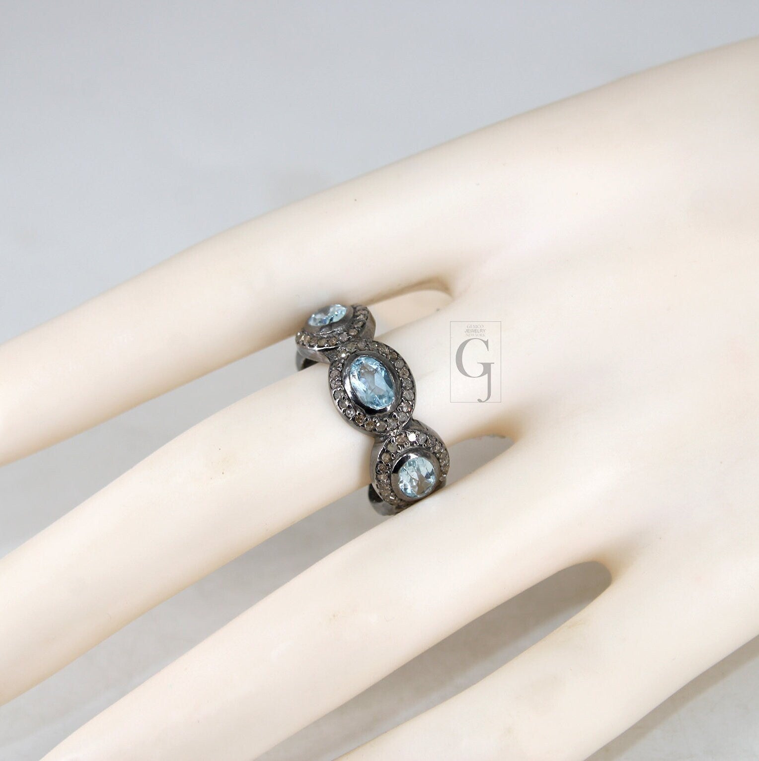 Antique Look Blue Topaz Ring Designer Rosecut Pave Diamond Rings 925 Sterling Silver Handmade Silver Finish Diamond Ring