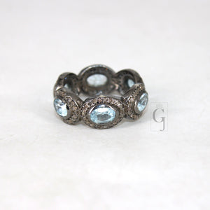 Antique Look Blue Topaz Ring Designer Rosecut Pave Diamond Rings 925 Sterling Silver Handmade Silver Finish Diamond Ring