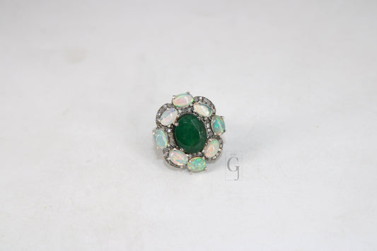 Designer Look Oxidized Finish Opal Emerald Ring Designer Rosecut Pave Diamond Rings 925 Sterling Silver Handmade Finish Diamond Ring