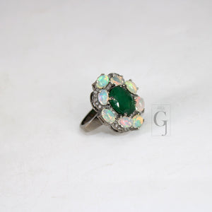 Designer Look Oxidized Finish Opal Emerald Ring Designer Rosecut Pave Diamond Rings 925 Sterling Silver Handmade Finish Diamond Ring