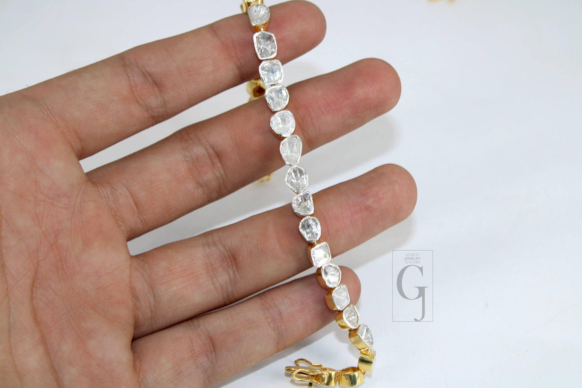 14k Gold Finish Polki Flat Diamond Tennis Bracelet Rosecut Pave Diamond Bracelet 925 Sterling Silver Handmade Finish Diamond Bangle Bracelet