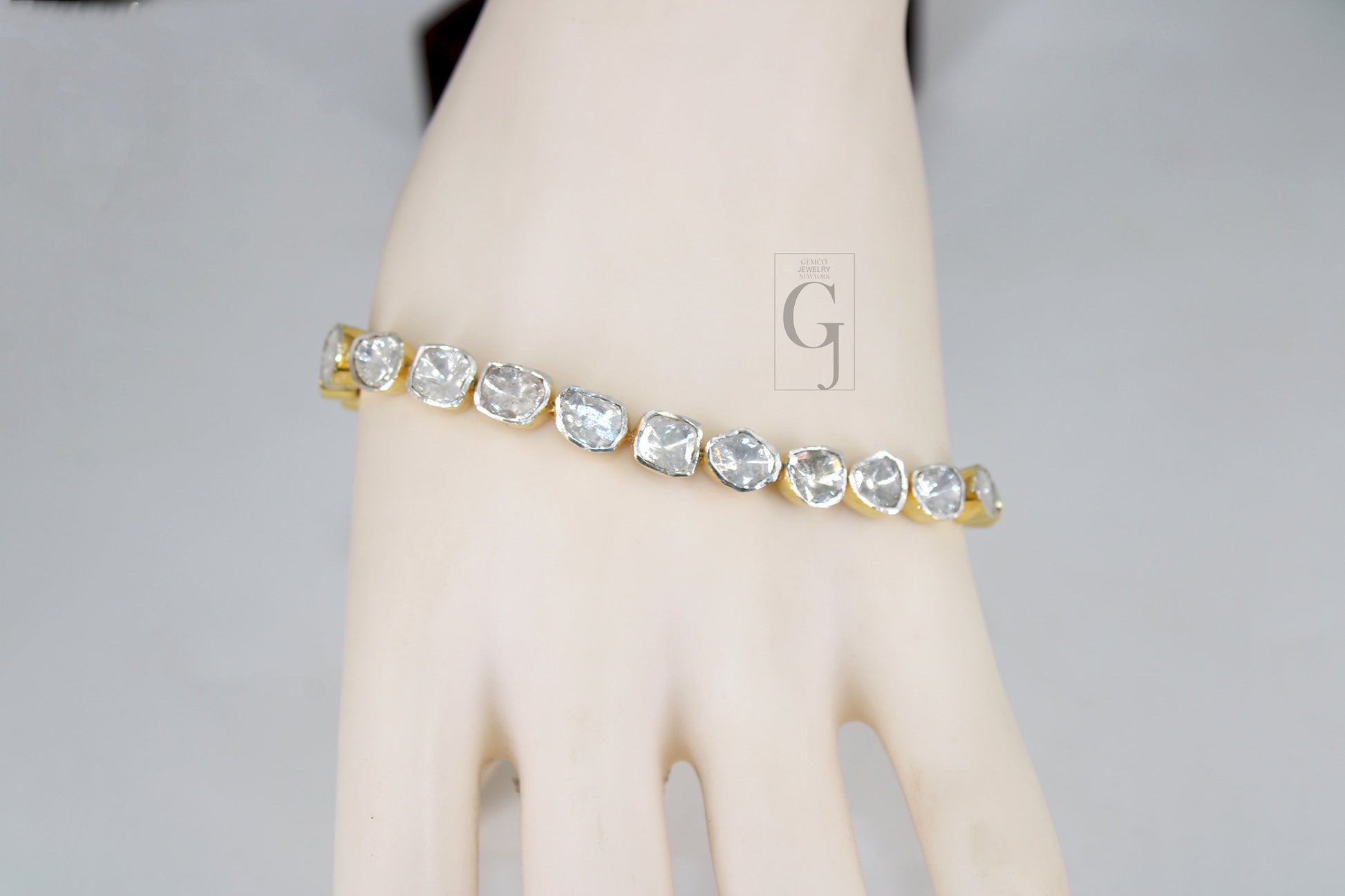 14k Gold Finish Polki Flat Diamond Tennis Bracelet Rosecut Pave Diamond Bracelet 925 Sterling Silver Handmade Finish Diamond Bangle Bracelet