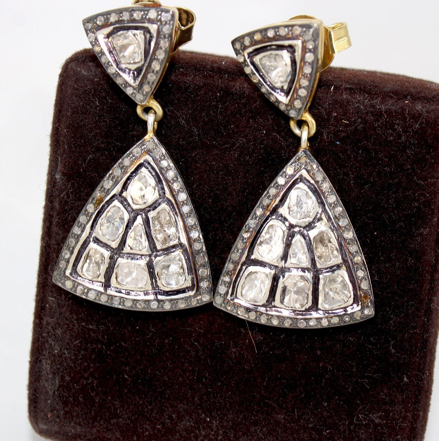 14k Gold Finish Polki Designer Earring Rosecut Pave Diamond Earrings 925 Sterling Silver Handmade Silver Finish Diamond Earring