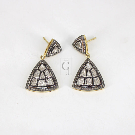 14k Gold Finish Polki Designer Earring Rosecut Pave Diamond Earrings 925 Sterling Silver Handmade Silver Finish Diamond Earring