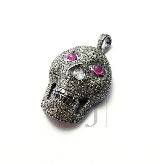 Antique look skull pendant ruby eyes design Rosecut pave diamond pendant 925 sterling silver handmade finish diamond ruby jewelry pendant