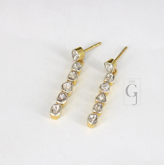 14k gold finish polki connecting designer earring Rosecut pave diamond earrings 925 sterling silver handmade silver finish diamond earring