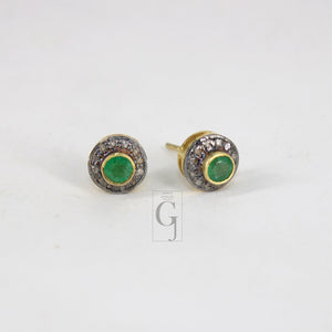 14k gold Emerald earring studs Pave rosecut diamond 925 sterling silver handmade very beautiful diamond pave studs earrings jewelry