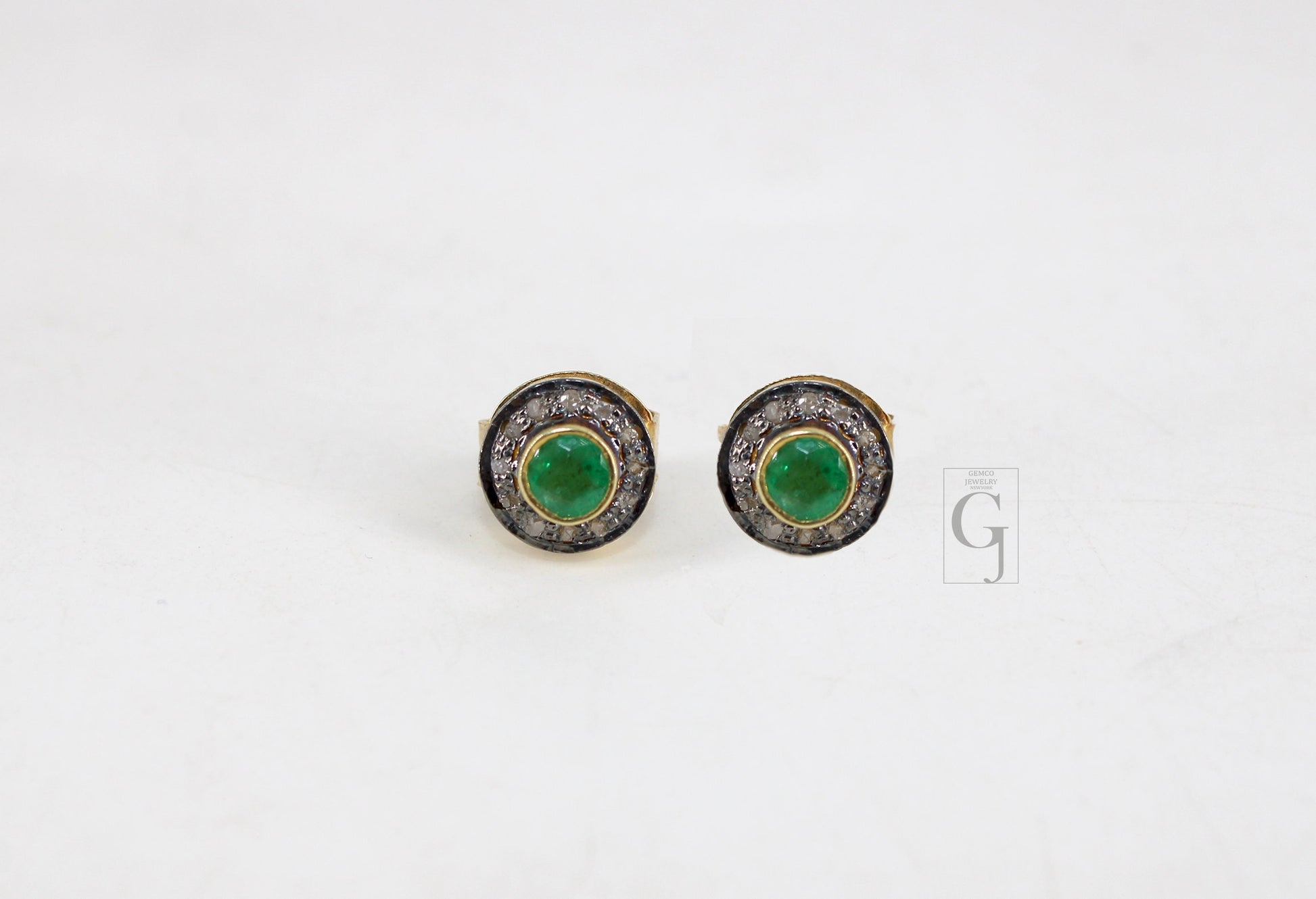 14k Gold Emerald Earring Studs Pave Rosecut Diamond 925 Sterling Silver Handmade Very Beautiful Diamond Pave Studs Earrings Jewelry