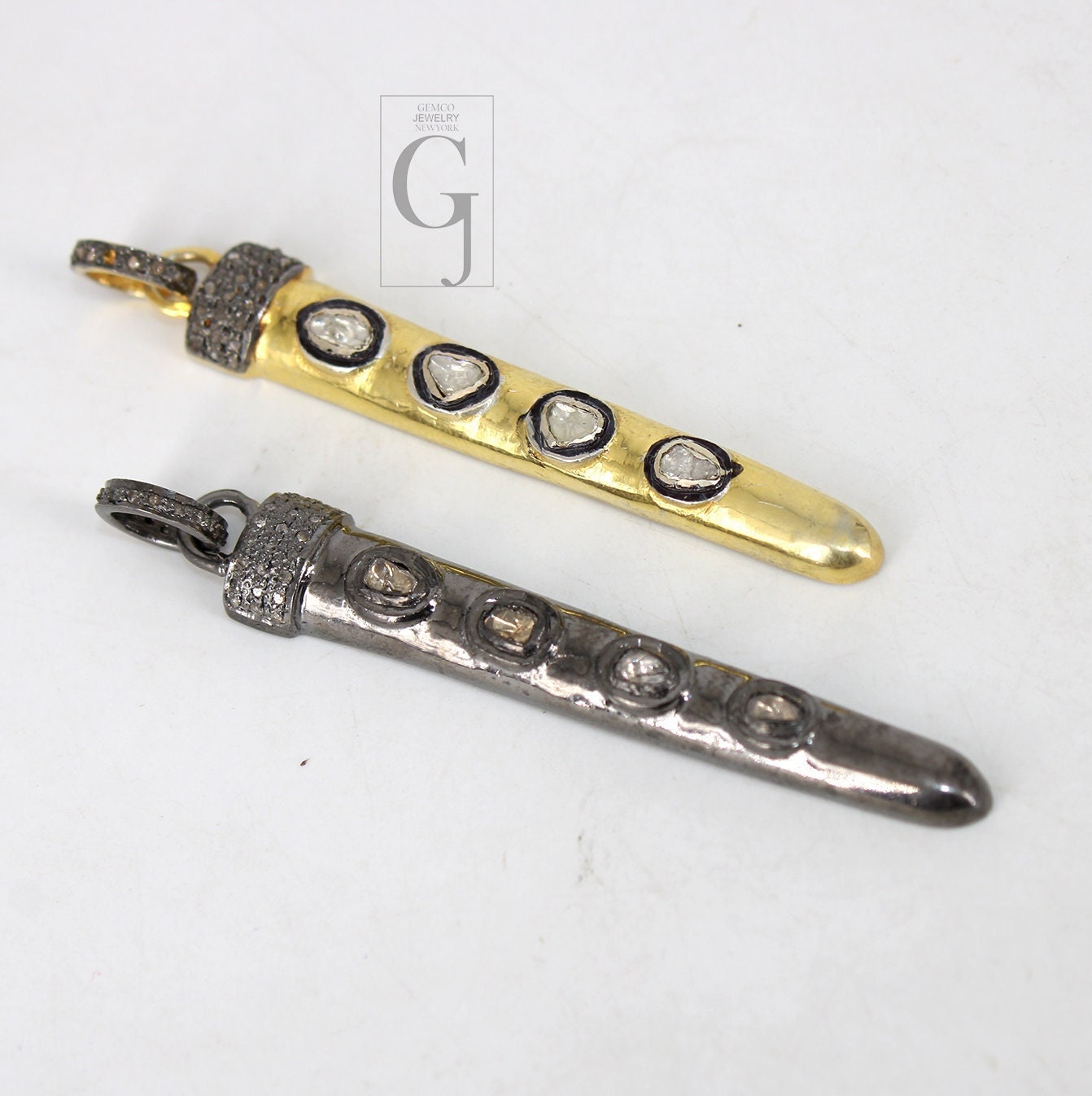Polki Pave diamond rosecut bar pendant 925 sterling silver pendant handmade diamond pendant flat cut diamond design diamond pendant necklace