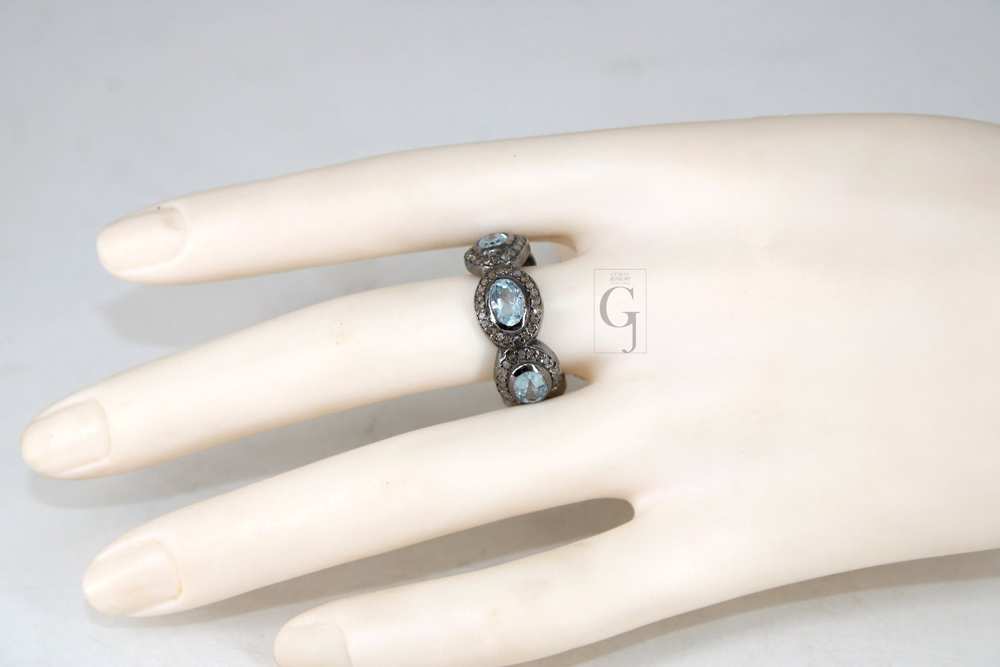 Antique Look Blue Topaz Ring Designer Rosecut Pave Diamond Rings 925 Sterling Silver Handmade Silver Finish Diamond Ring