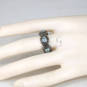 Antique Look Blue Topaz Ring Designer Rosecut Pave Diamond Rings 925 Sterling Silver Handmade Silver Finish Diamond Ring