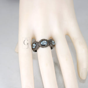 Antique Look Blue Topaz Ring Designer Rosecut Pave Diamond Rings 925 Sterling Silver Handmade Silver Finish Diamond Ring