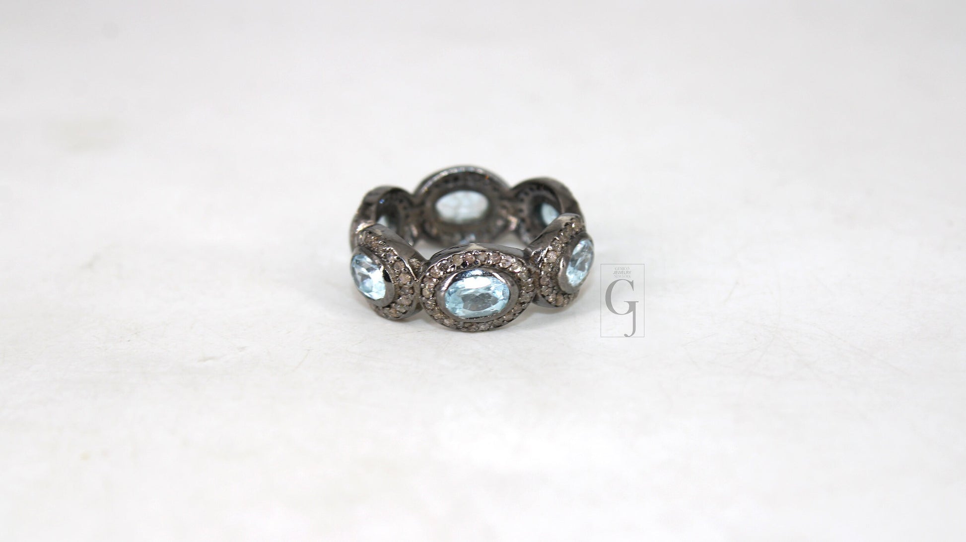 Antique Look Blue Topaz Ring Designer Rosecut Pave Diamond Rings 925 Sterling Silver Handmade Silver Finish Diamond Ring