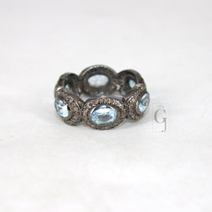 Antique Look Blue Topaz Ring Designer Rosecut Pave Diamond Rings 925 Sterling Silver Handmade Silver Finish Diamond Ring