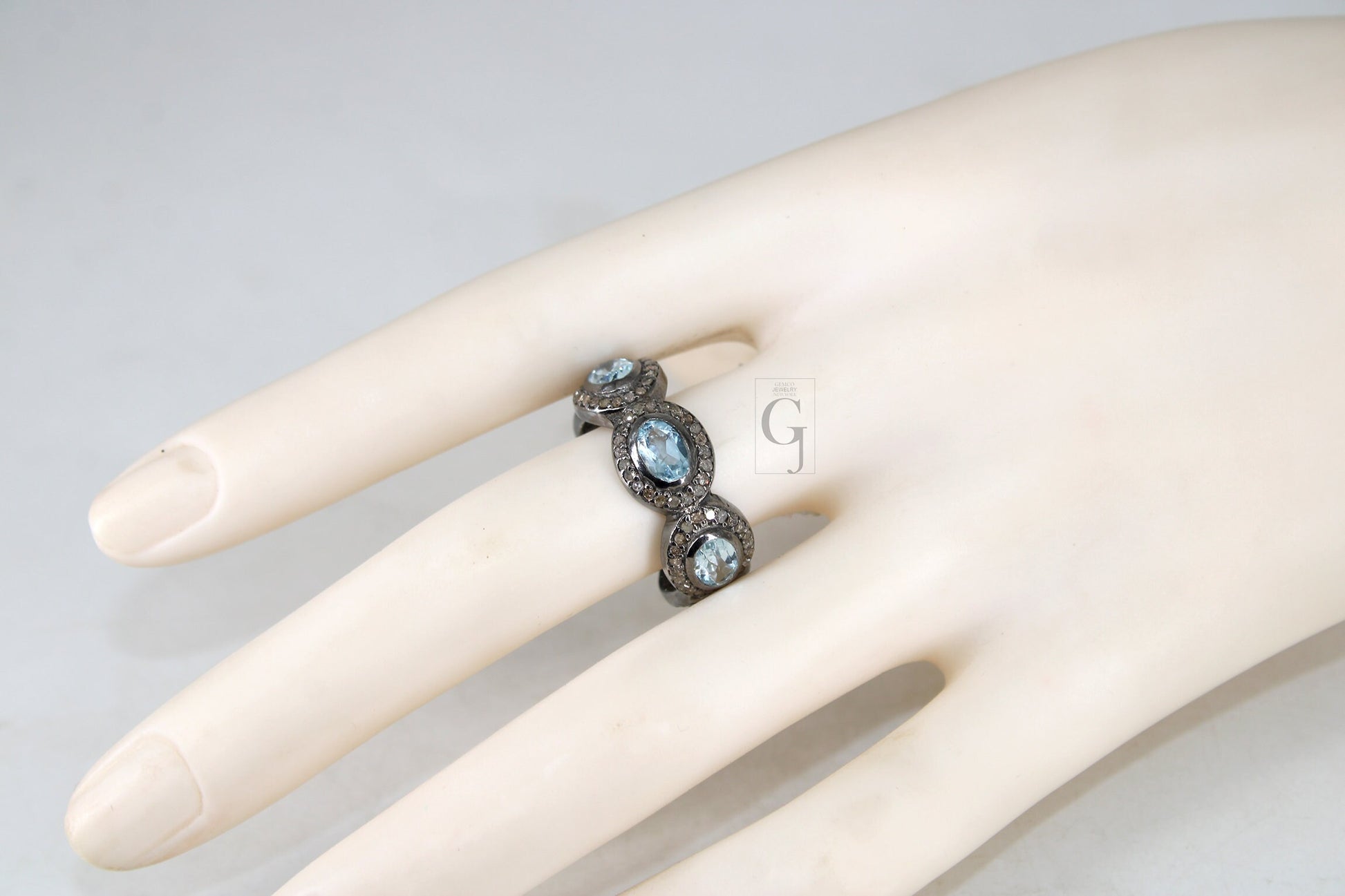 Antique Look Blue Topaz Ring Designer Rosecut Pave Diamond Rings 925 Sterling Silver Handmade Silver Finish Diamond Ring