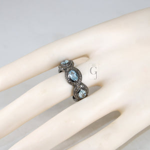 Antique Look Blue Topaz Ring Designer Rosecut Pave Diamond Rings 925 Sterling Silver Handmade Silver Finish Diamond Ring