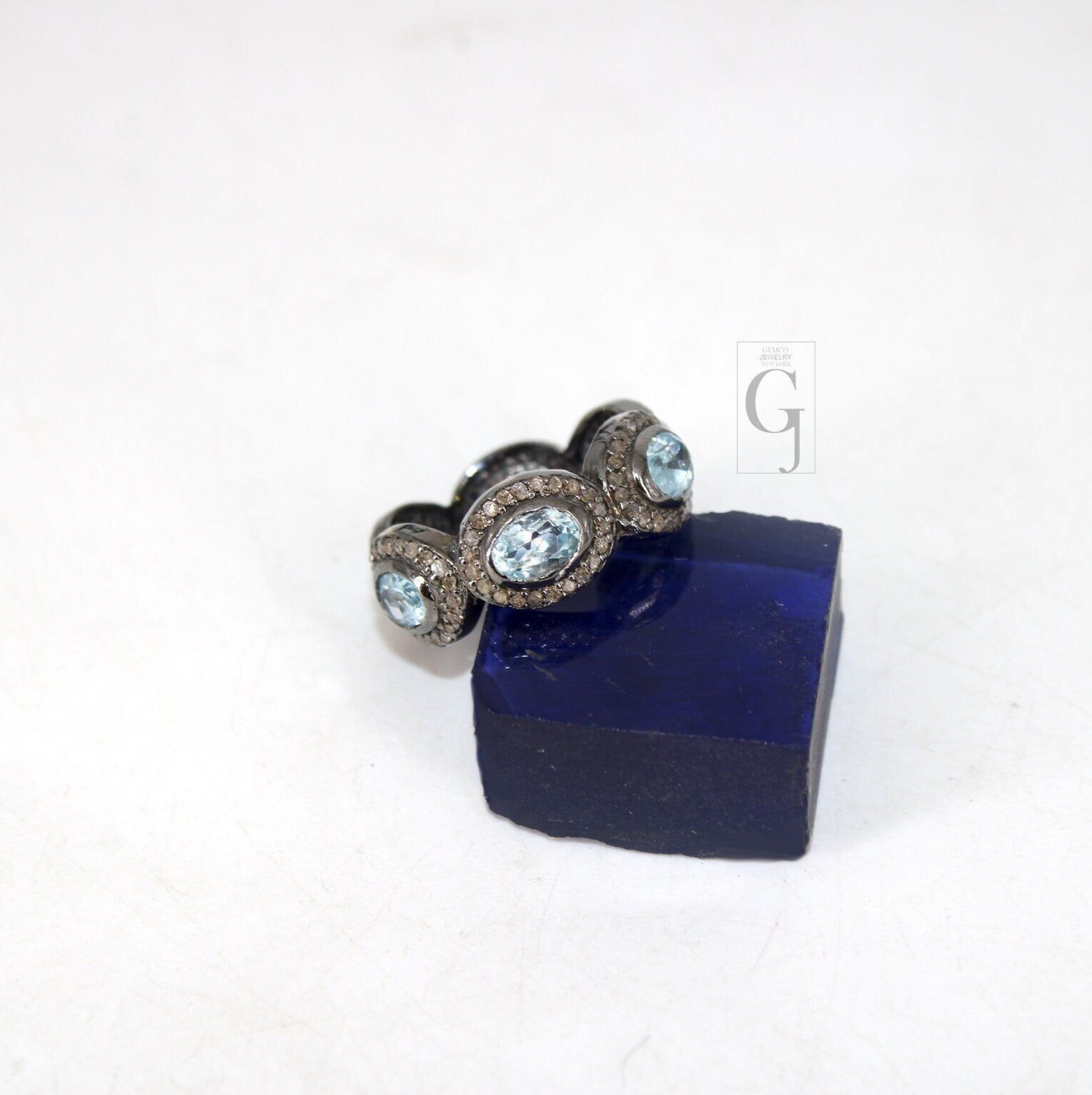 Antique Look Blue Topaz Ring Designer Rosecut Pave Diamond Rings 925 Sterling Silver Handmade Silver Finish Diamond Ring