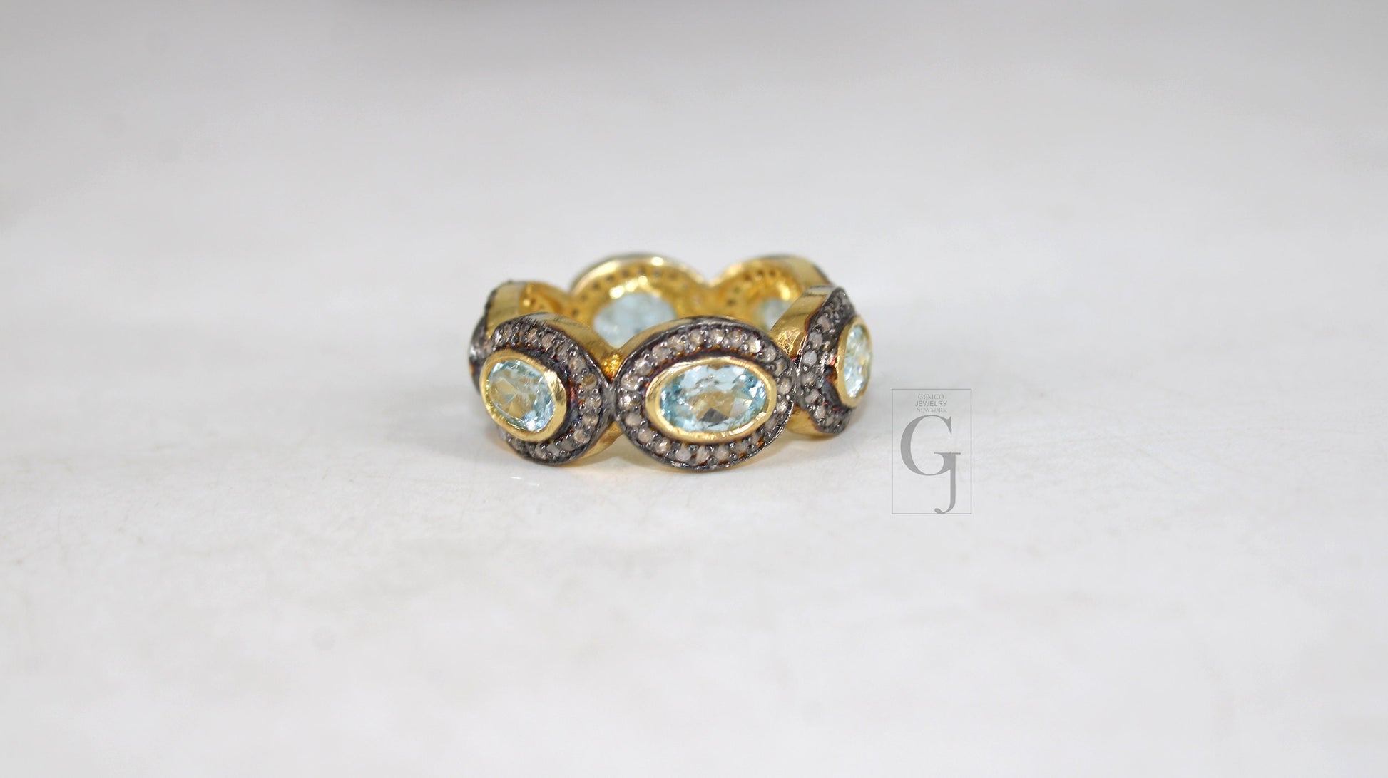 14k Gold Finish Look Blue Topaz Ring Designer Rosecut Pave Diamond Rings 925 Sterling Silver Handmade Silver Finish Diamond Ring