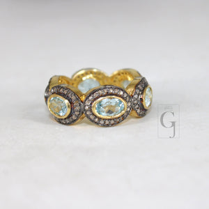 14k Gold Finish Look Blue Topaz Ring Designer Rosecut Pave Diamond Rings 925 Sterling Silver Handmade Silver Finish Diamond Ring