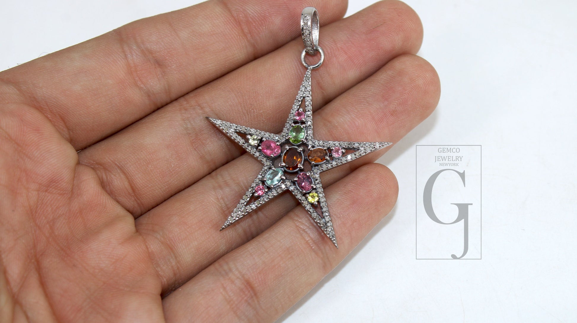 Multi tourmaline star pendant designer Rosecut pave diamond pendant 925 sterling silver handmade finish diamond charms necklace pendant