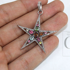 Multi tourmaline star pendant designer Rosecut pave diamond pendant 925 sterling silver handmade finish diamond charms necklace pendant