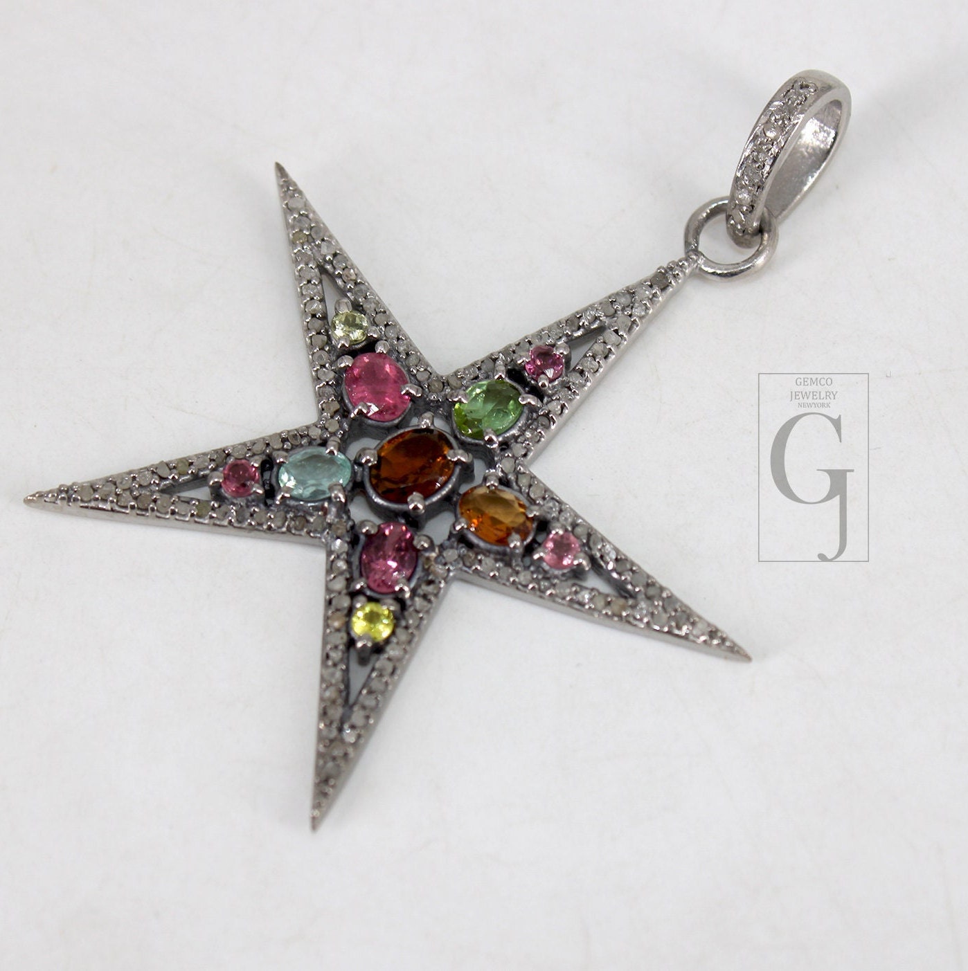 Multi tourmaline star pendant designer Rosecut pave diamond pendant 925 sterling silver handmade finish diamond charms necklace pendant