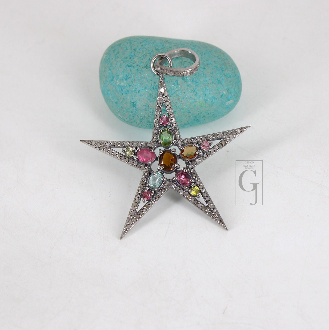 Multi tourmaline star pendant designer Rosecut pave diamond pendant 925 sterling silver handmade finish diamond charms necklace pendant