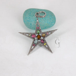 Multi tourmaline star pendant designer Rosecut pave diamond pendant 925 sterling silver handmade finish diamond charms necklace pendant