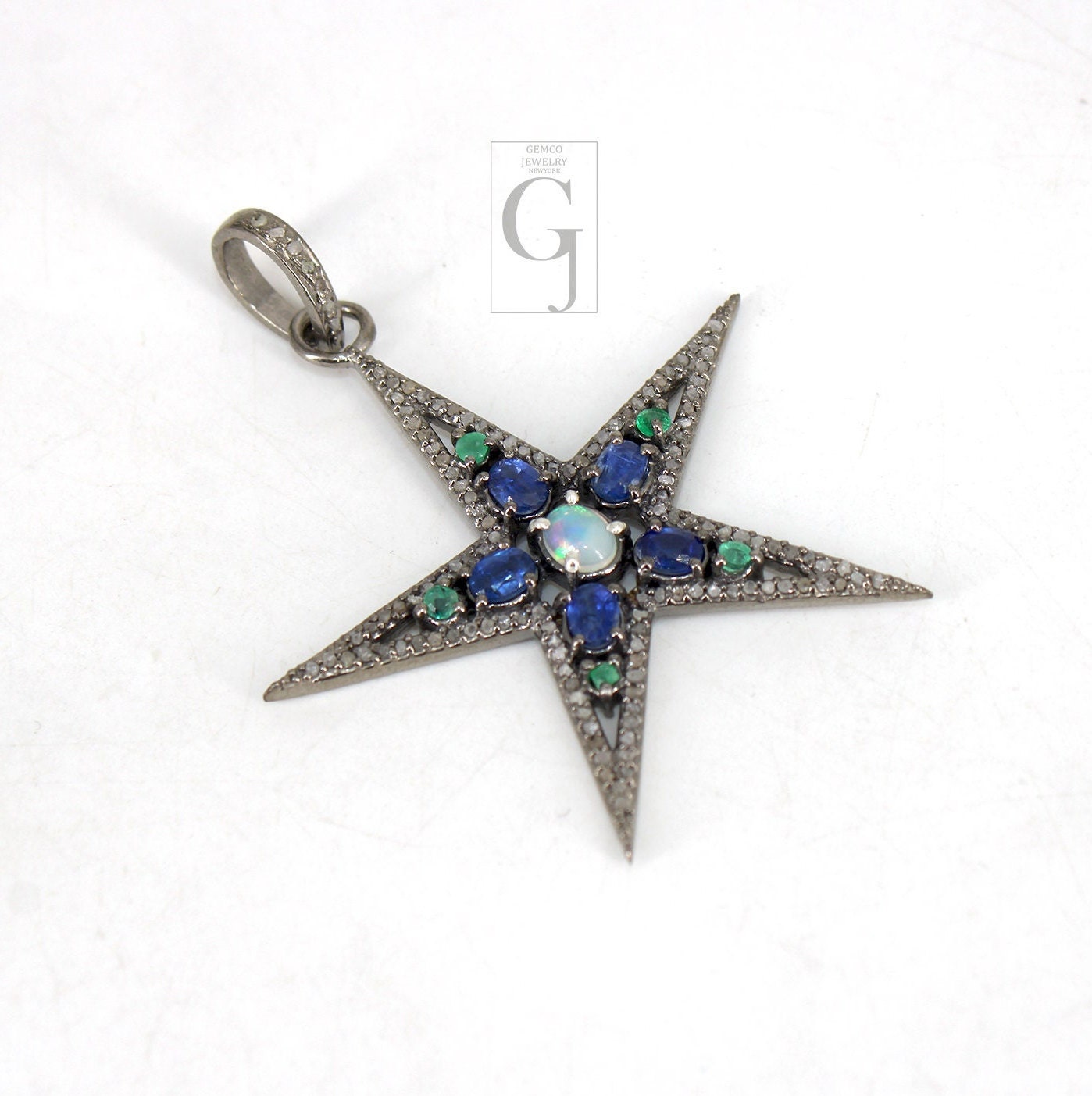 Opal  Emerald Kyanite Star Pendant Designer Rosecut Pave Diamond Pendant 925 Sterling Silver Handmade Finish Diamond Charms Necklace Pendant