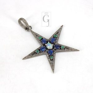 Opal  Emerald Kyanite Star Pendant Designer Rosecut Pave Diamond Pendant 925 Sterling Silver Handmade Finish Diamond Charms Necklace Pendant